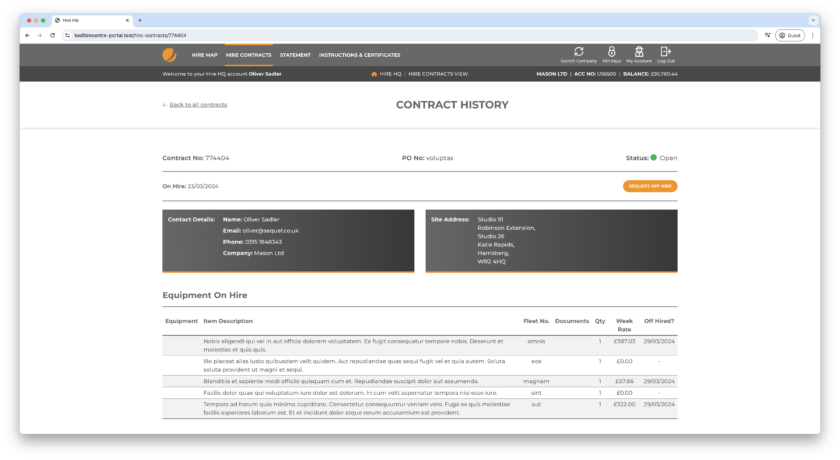 An example of the Hire Management Software has to offer - Past and Current contracts and equipment on hire. 